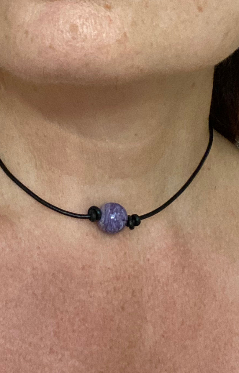 Russian Charoite Gemstone Bead Necklace Leather Necklace Choker Necklace Gemstone Jewelry
