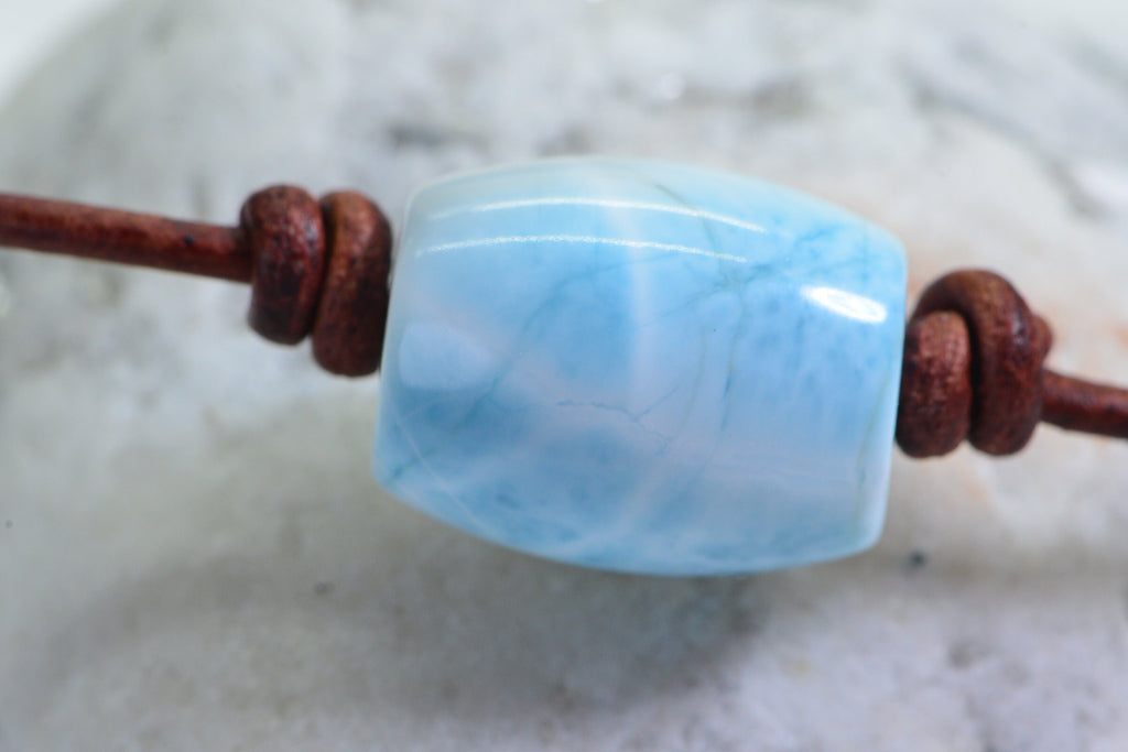 Larimar Gemstone Necklace: Single Bead on Leather Cord