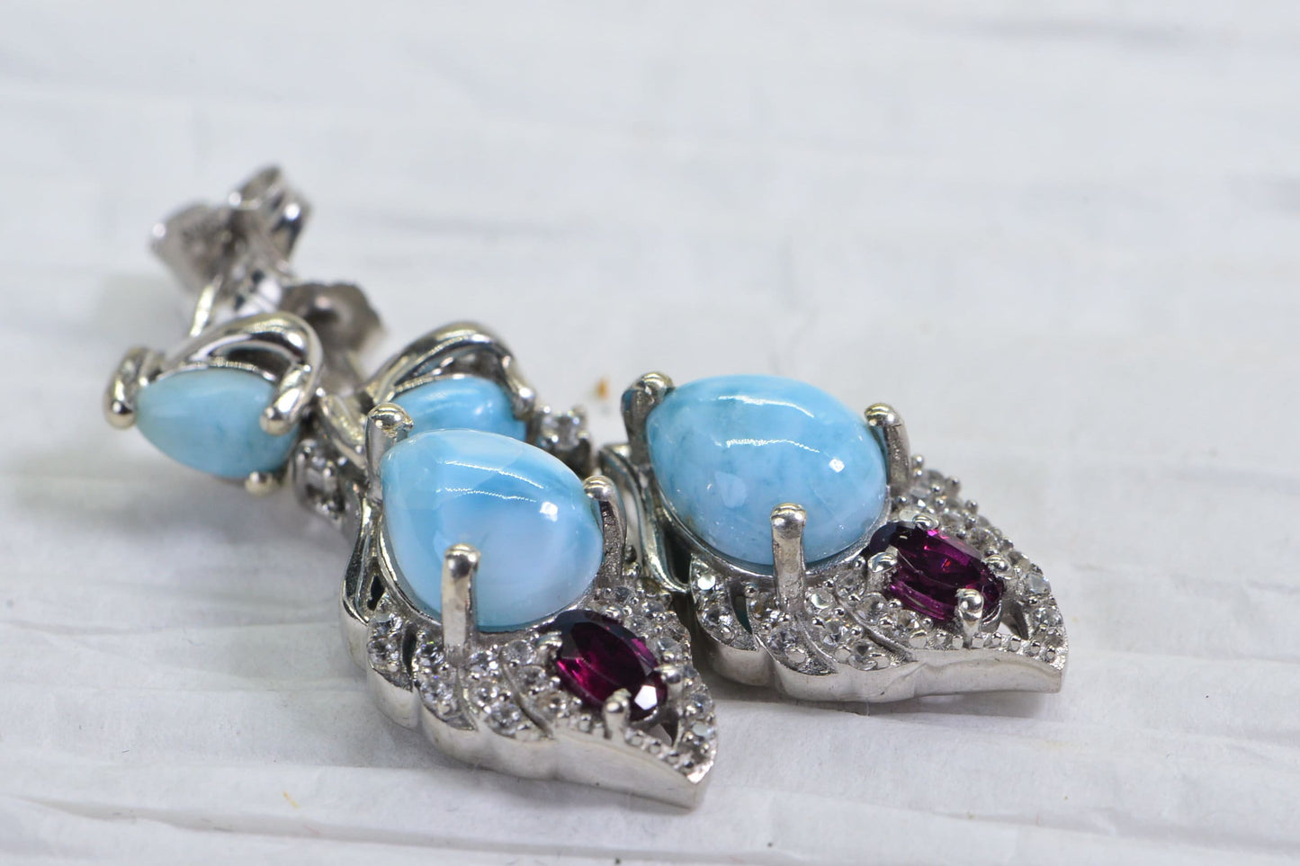Larimar Drop Earrings: Sterling Silver, Garnet & CZ Accent