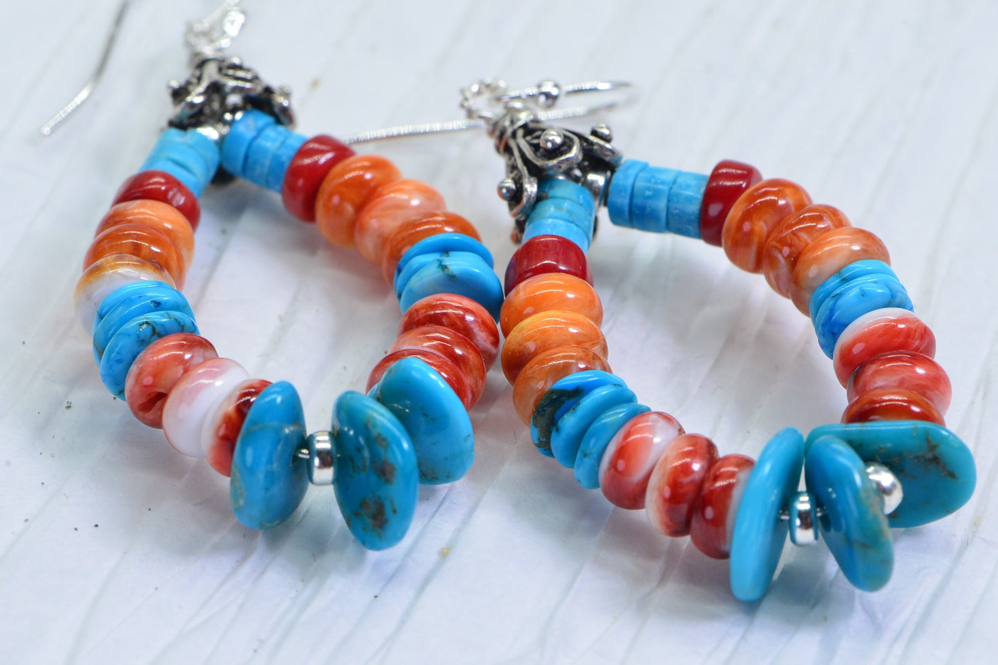 Turquoise & Spiny Oyster Shell Sterling Silver Hoop Earrings