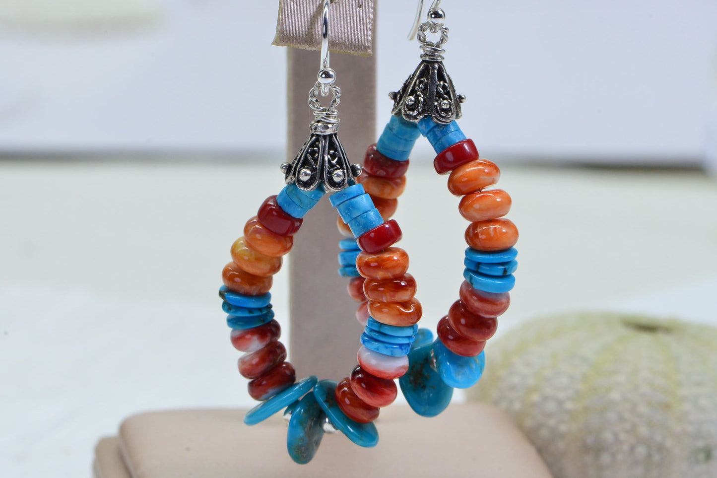 Turquoise & Spiny Oyster Shell Sterling Silver Hoop Earrings
