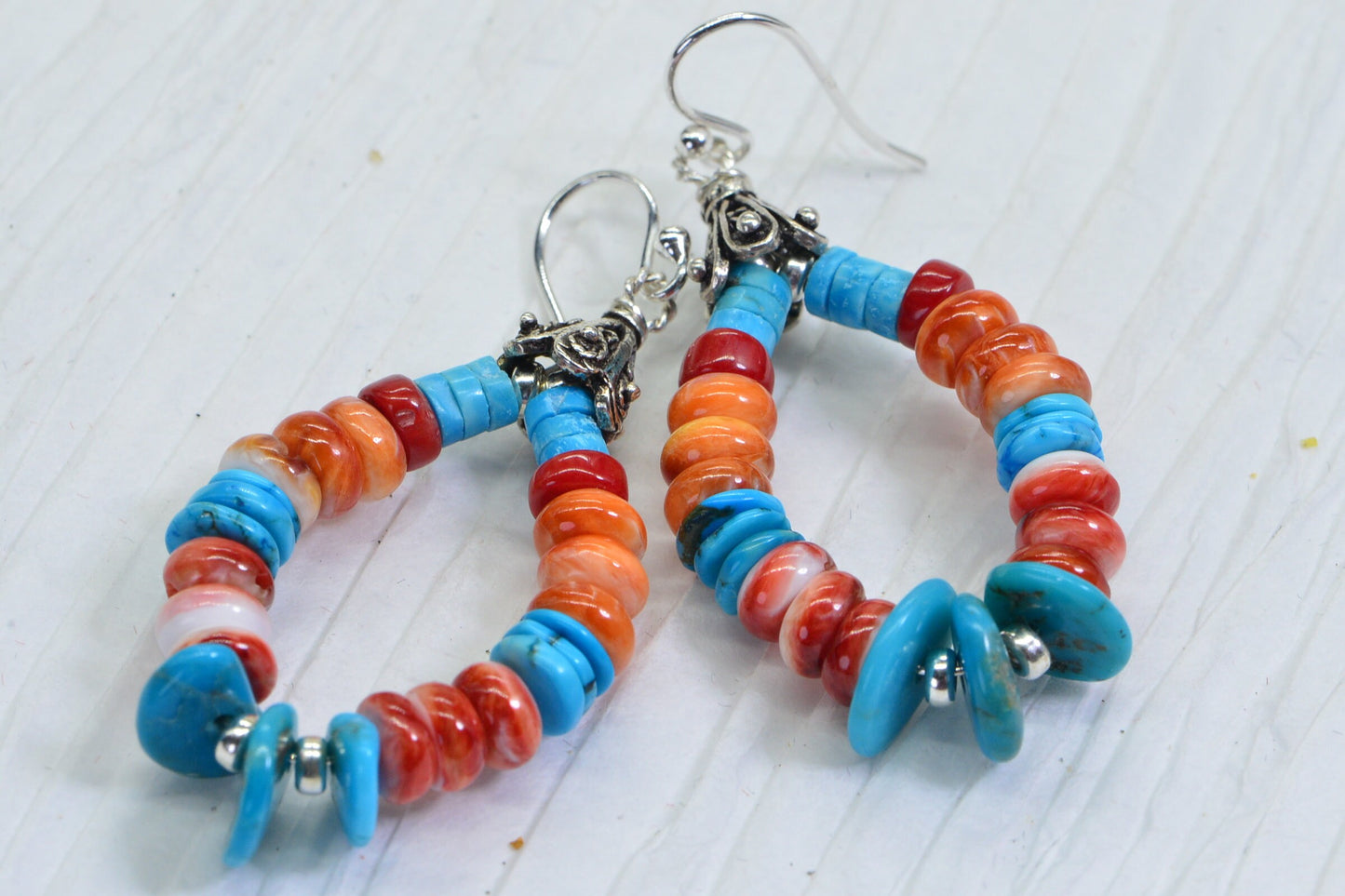 Turquoise & Spiny Oyster Shell Sterling Silver Hoop Earrings
