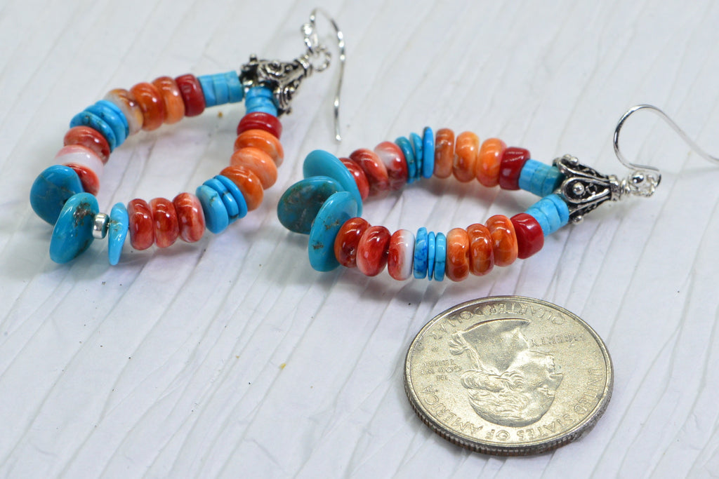 Turquoise Spiny Oyster Sterling Silver Hoop Earrings: Arizona Gemstone