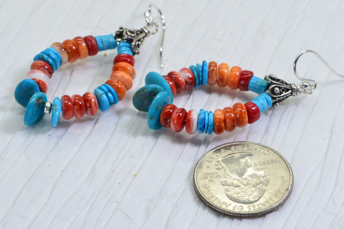 Turquoise Spiny Oyster Sterling Silver Hoop Earrings: Arizona Gemstone