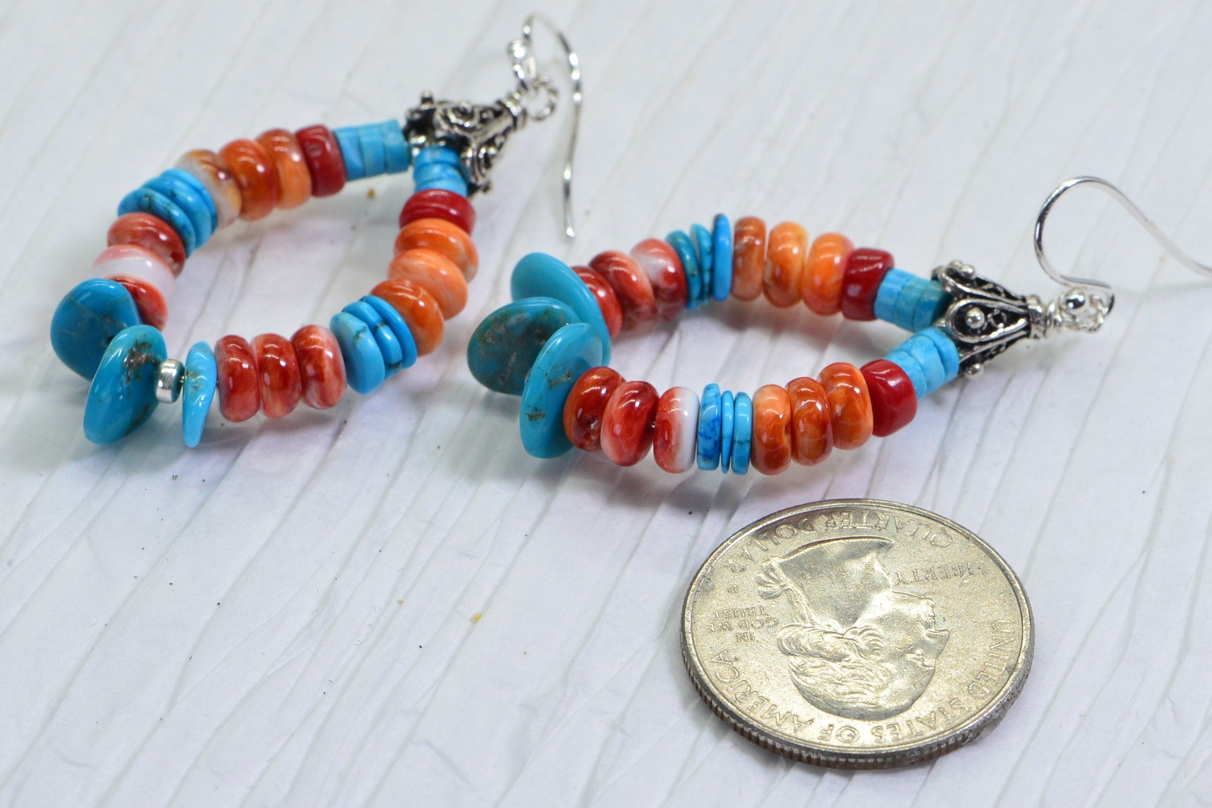 Turquoise Spiny Oyster Sterling Silver Hoop Earrings: Arizona Gemstone