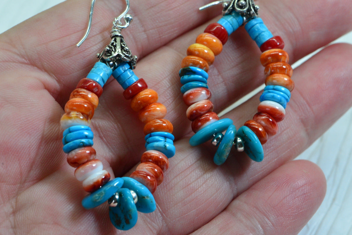Turquoise Spiny Oyster Sterling Silver Hoop Earrings: Arizona Gemstone