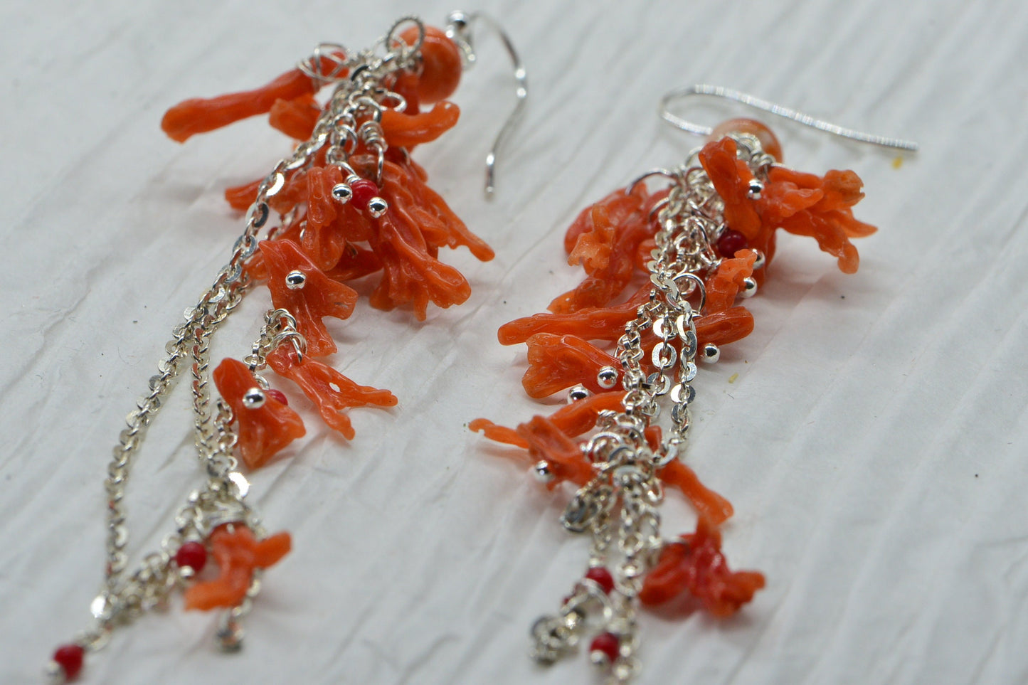 Mediterranean Coral Chandelier Earrings: Sterling Silver Dangle Gemstone