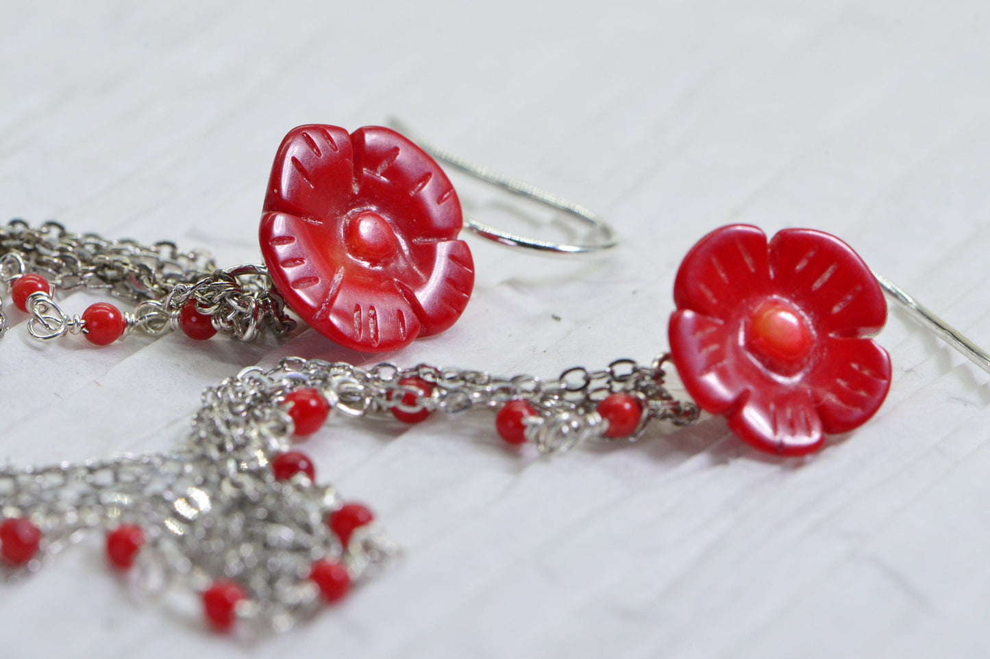 Carved Coral Flower Earrings: Sterling Silver Red Gemstone Dangle