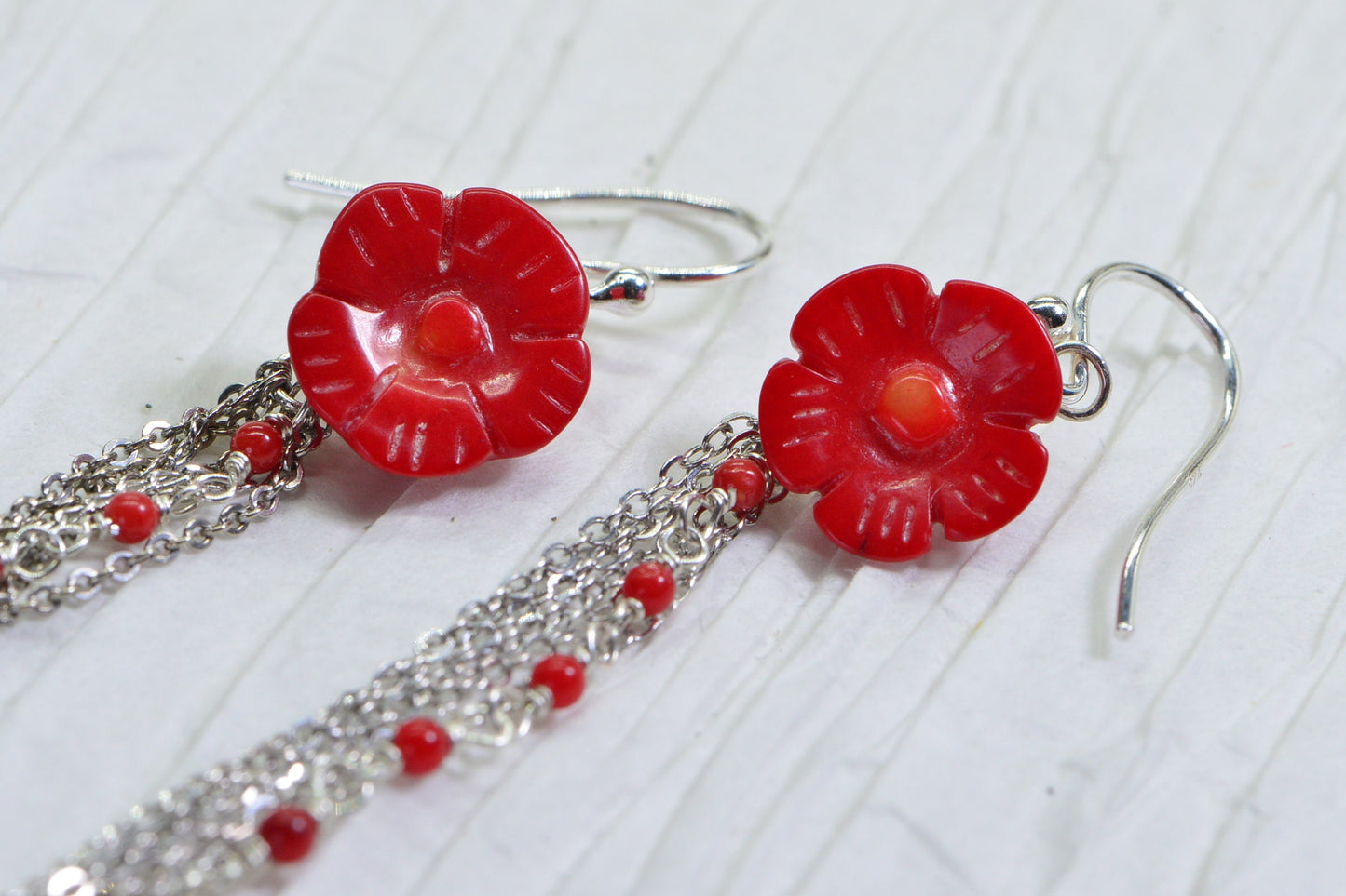 Carved Coral Flower Earrings: Sterling Silver Red Gemstone Dangle