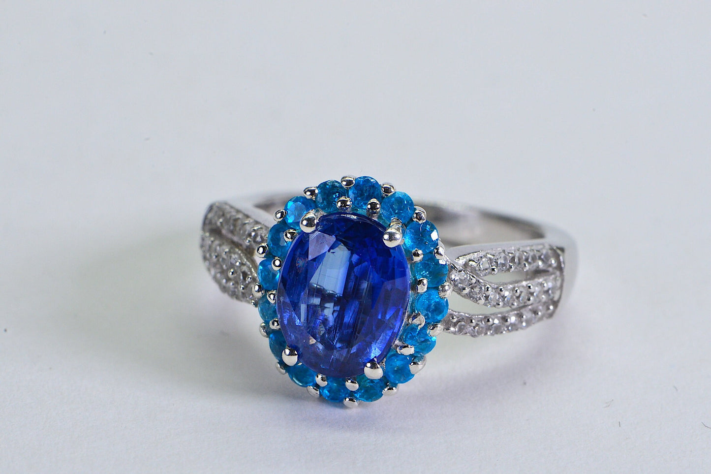 Sapphire & Apatite Halo Ring: Sterling Silver CZ Accent