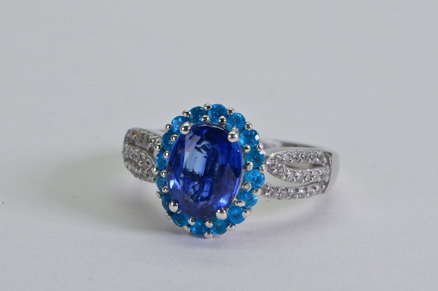 Sapphire & Apatite Halo Ring: Sterling Silver CZ Accent