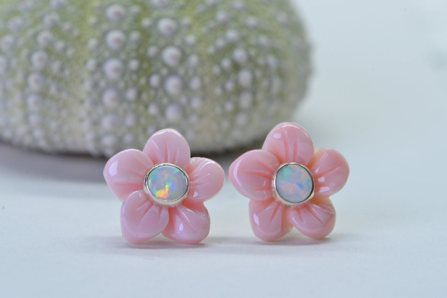Queen Conch Pink Rose Earrings: Carved Floral Opal Sterling Silver Studs