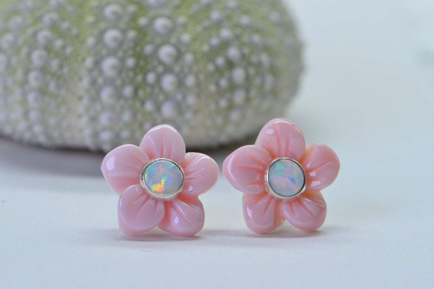 Queen Conch Pink Rose Earrings: Carved Floral Opal Sterling Silver Studs