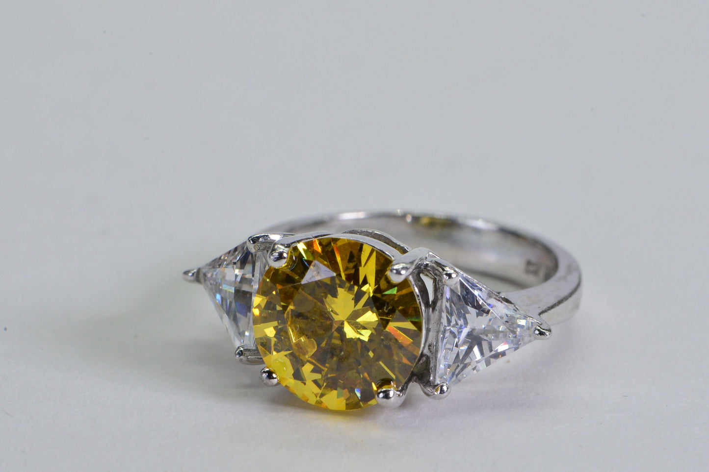 Simulated Yellow Diamond Ring: Sterling Silver Trilogy Engagement Ring, Size 6