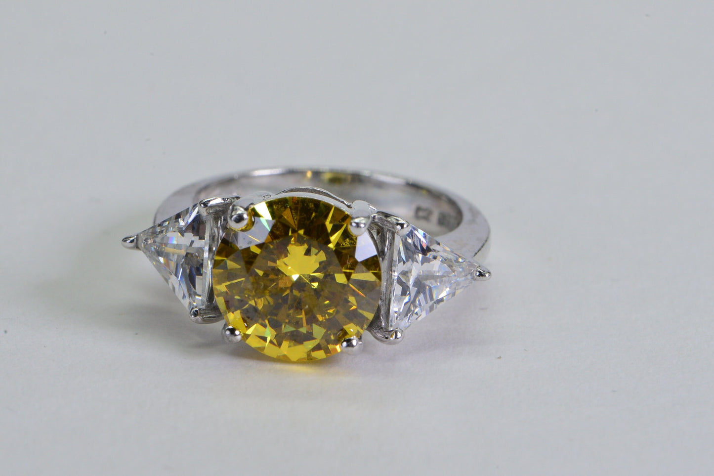 Simulated Yellow Diamond Ring: Sterling Silver Trilogy Engagement Ring, Size 6