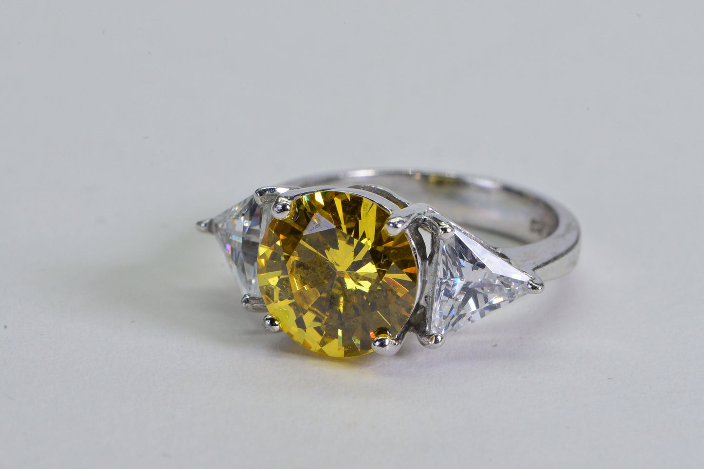 Simulated Yellow Diamond Ring: Sterling Silver Trilogy Engagement Ring, Size 6