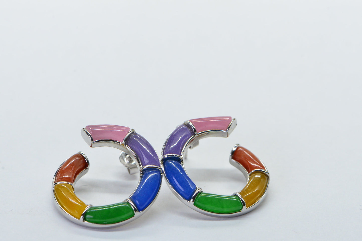 Multi Color Jade Sterling Silver Earrings: Rainbow Circle Studs