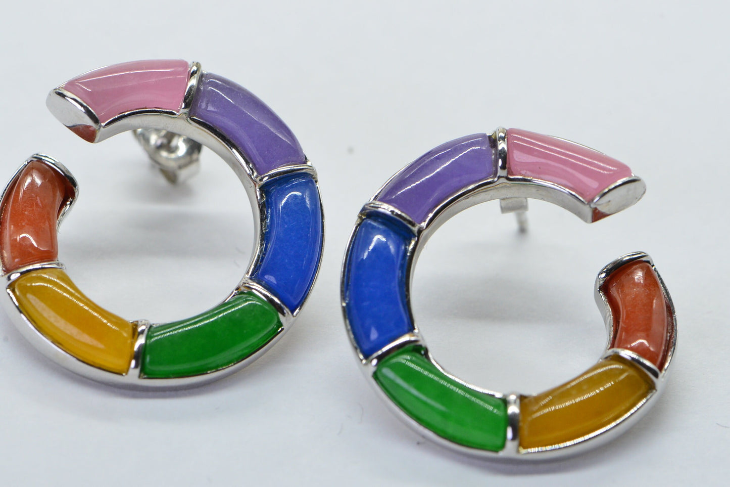 Multi Color Jade Sterling Silver Earrings: Rainbow Circle Studs