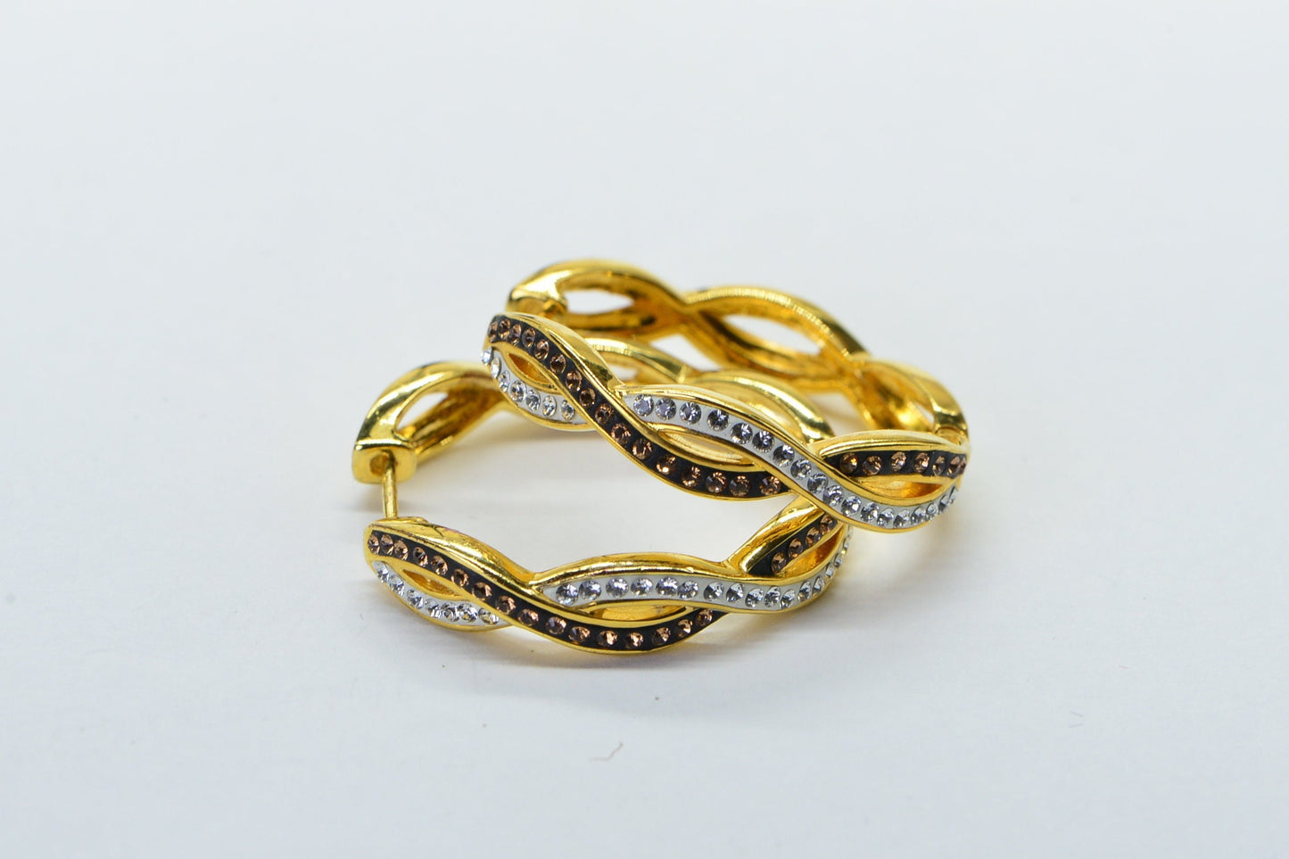 Gold Twisted Simulated Diamond Brown and White Large Hoop Earrings