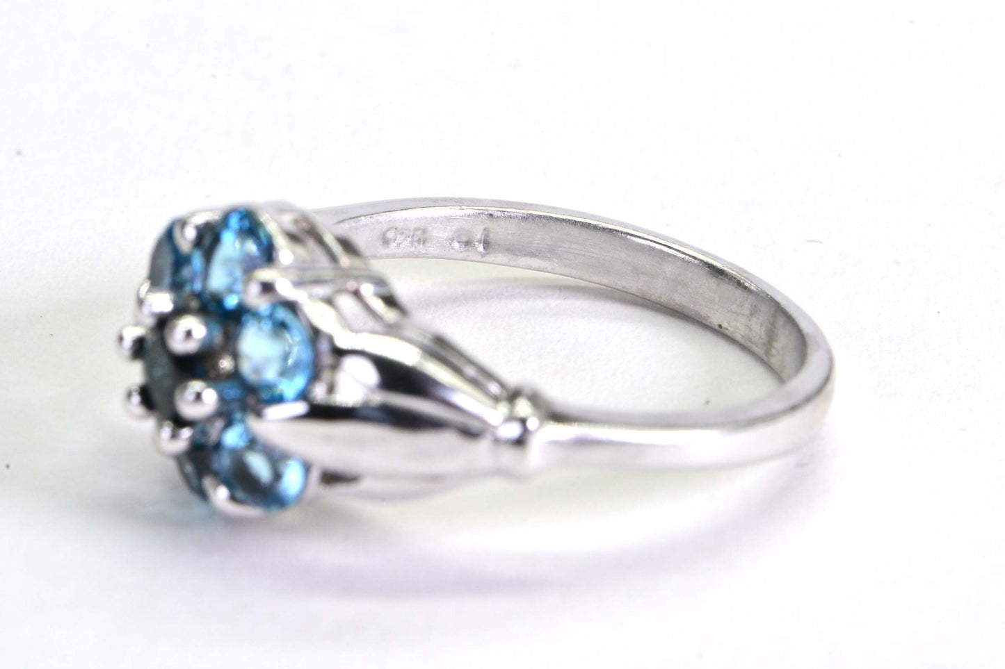 Vintage Blue Topaz Sterling Silver Engagement Ring: Floral Leaf Band