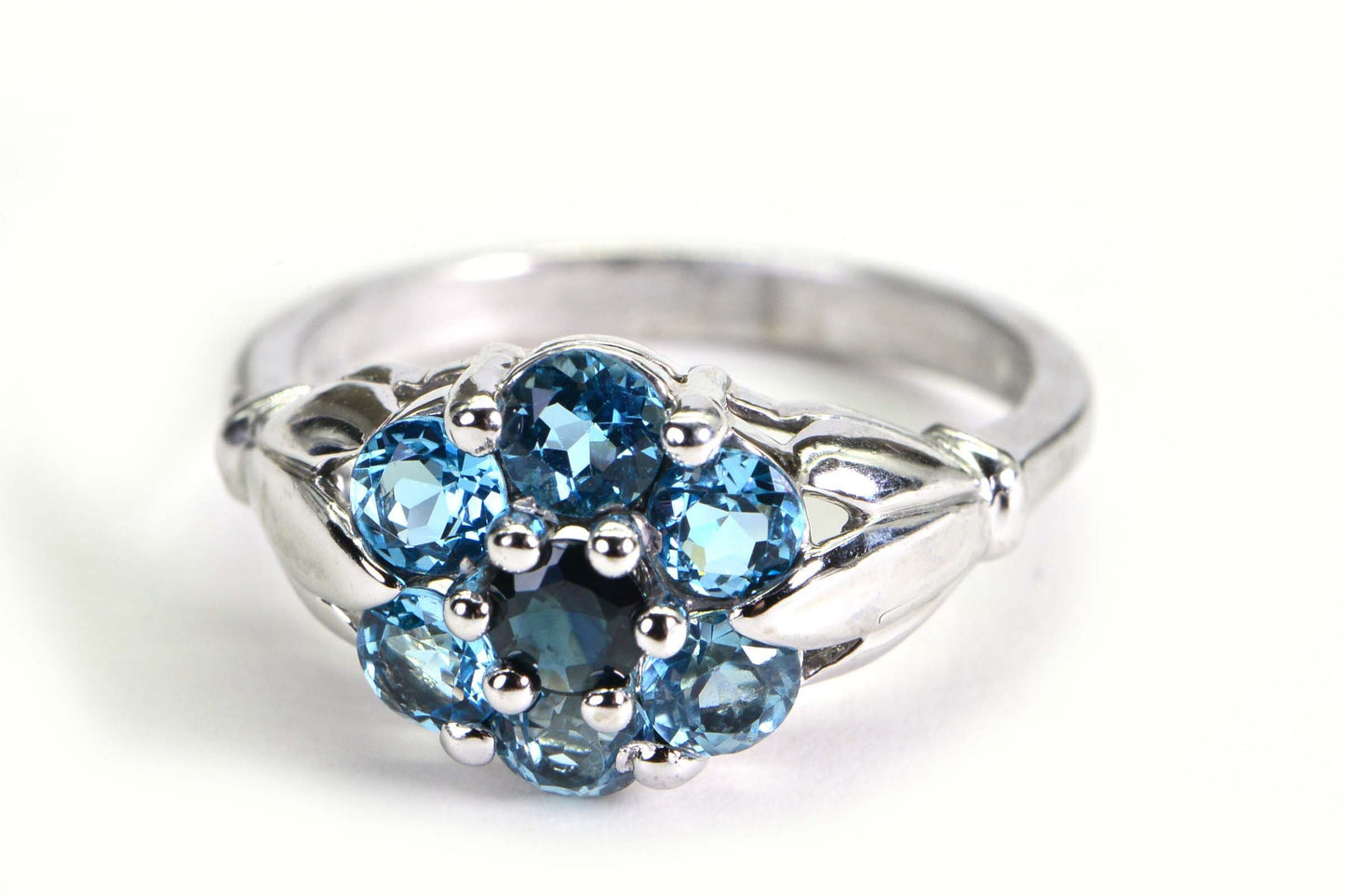 Vintage Blue Topaz Sterling Silver Engagement Ring: Floral Leaf Band