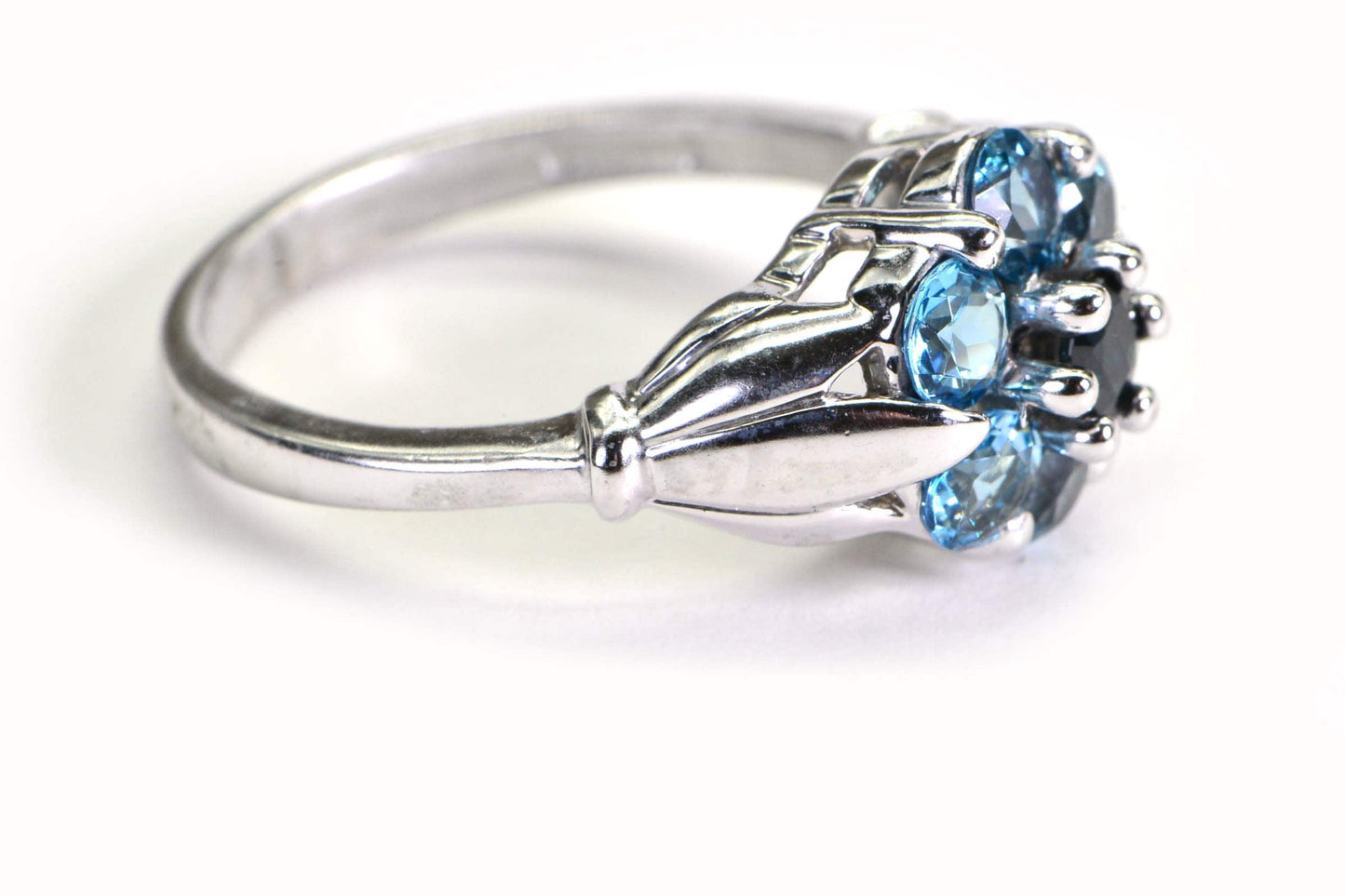 Vintage Blue Topaz Sterling Silver Engagement Ring: Floral Leaf Band