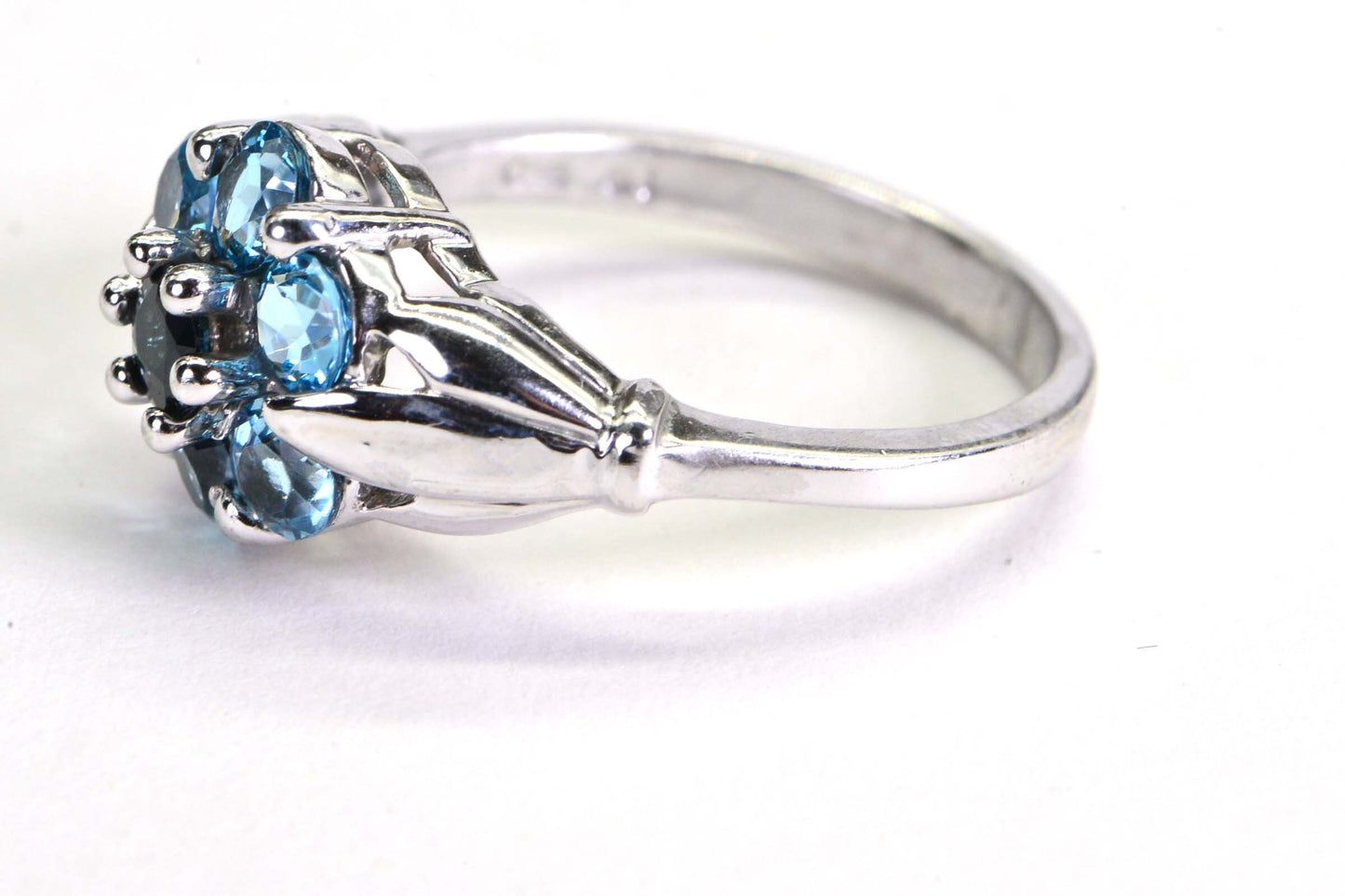 Vintage Blue Topaz Sterling Silver Engagement Ring: Floral Leaf Band