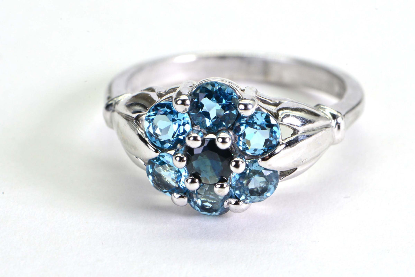 Vintage Blue Topaz Sterling Silver Engagement Ring: Floral Leaf Band