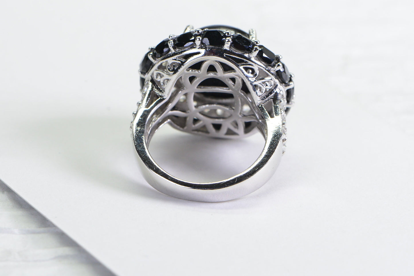 Shungite Statement Ring: Double Halo CZ, 925 Silver