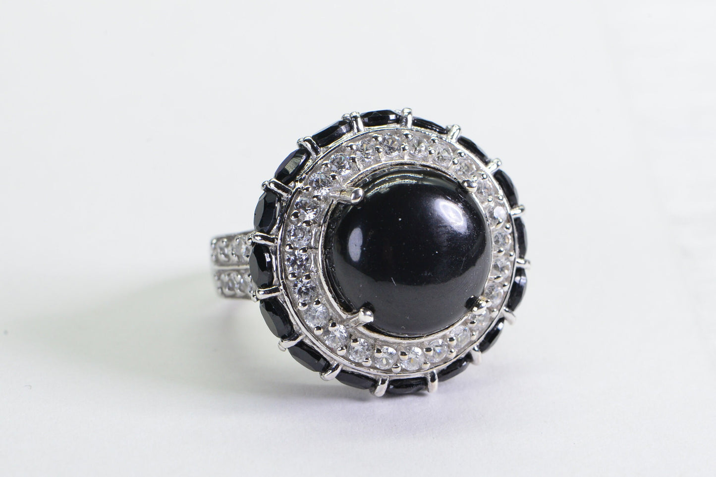 Shungite Statement Ring: Double Halo CZ, 925 Silver
