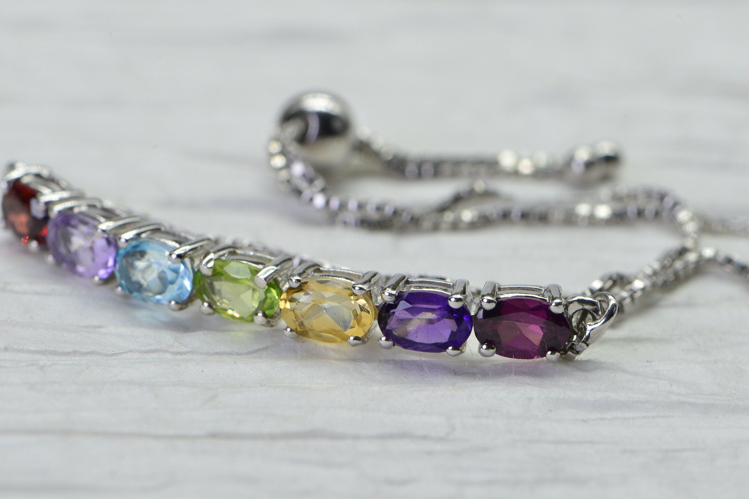 Rainbow Gemstone Bolo Bracelet: Sterling Silver Adjustable Tennis Bracelet