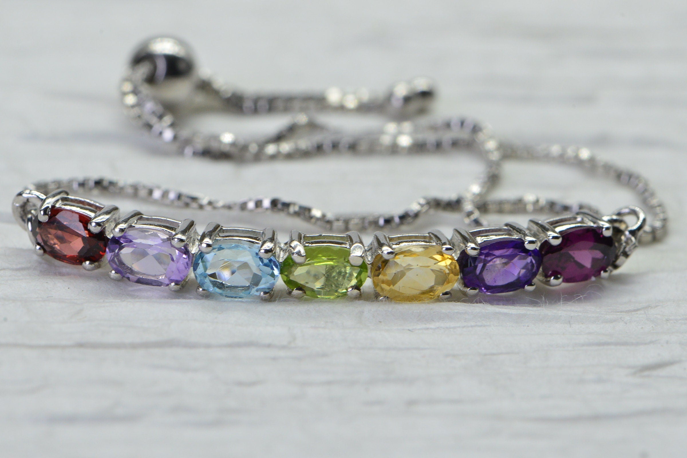 Rainbow Gemstone Bolo Bracelet: Sterling Silver Adjustable Tennis Bracelet