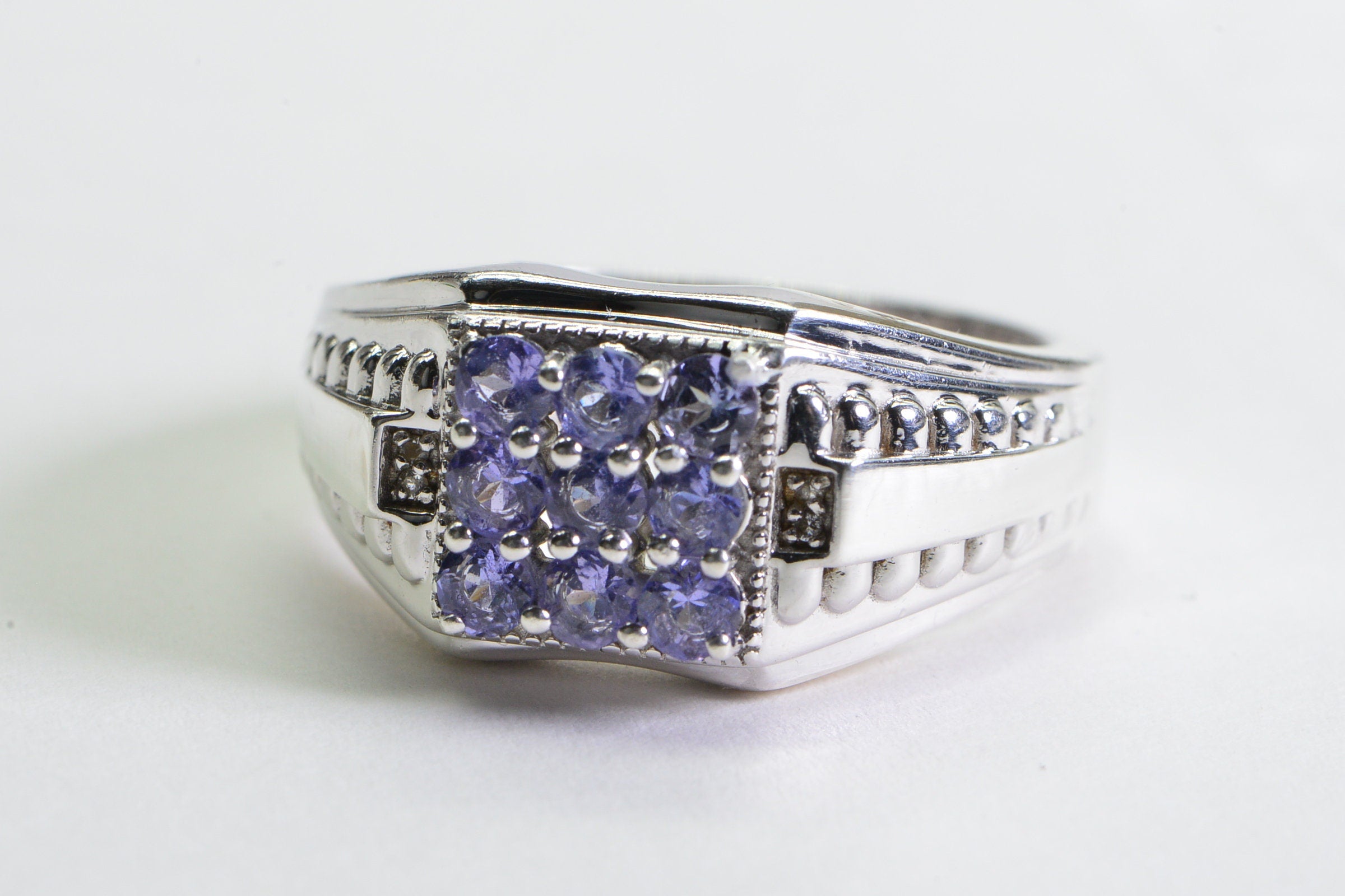 Tanzanite Solid Silver Ring for Men: Square Cluster Anniversary Ring