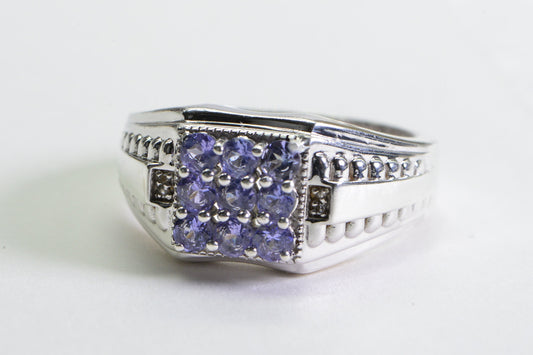 Tanzanite Solid Silver Ring for Men: Square Cluster Anniversary Ring