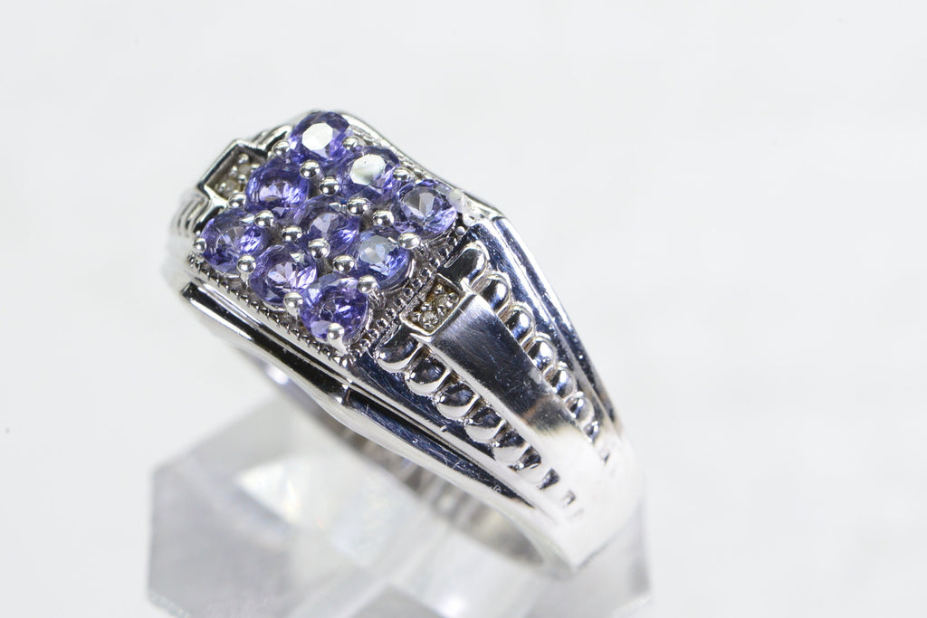 Tanzanite Solid Silver Ring for Men: Square Cluster Anniversary Ring