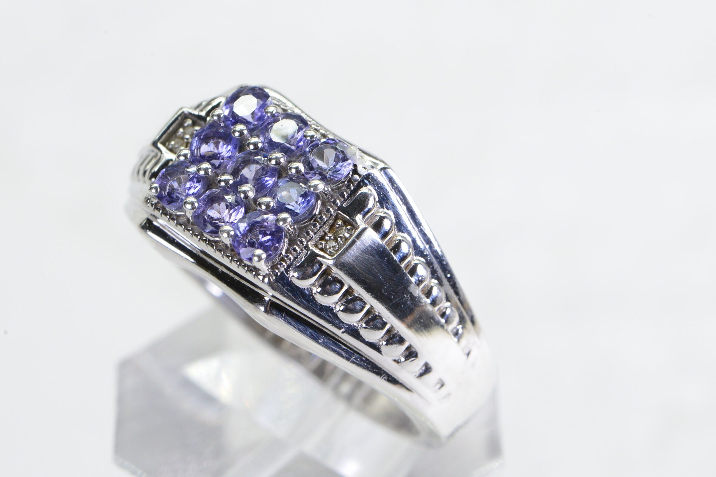 Tanzanite Solid Silver Ring for Men: Square Cluster Anniversary Ring