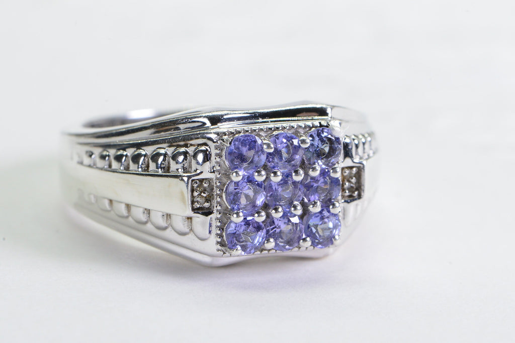 Tanzanite Solid Silver Ring for Men: Square Cluster Anniversary Ring