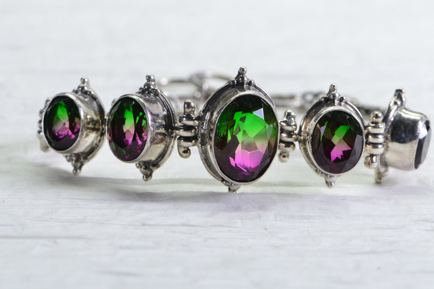 Vintage Watermelon Tourmaline Bracelet: Sterling Silver Bezel Set Link Bracelet