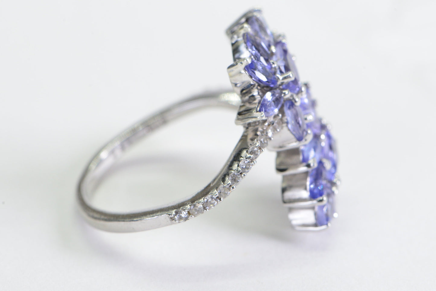 Natural Tanzanite Flower Ring: Marquise Diamond Sterling Silver Bypass Ring