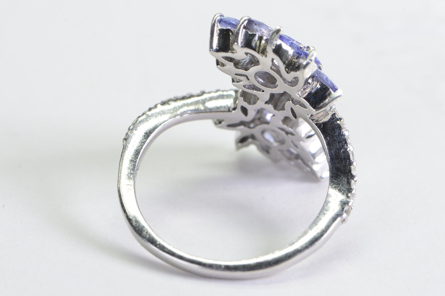 Natural Tanzanite Flower Ring: Marquise Diamond Sterling Silver Bypass Ring
