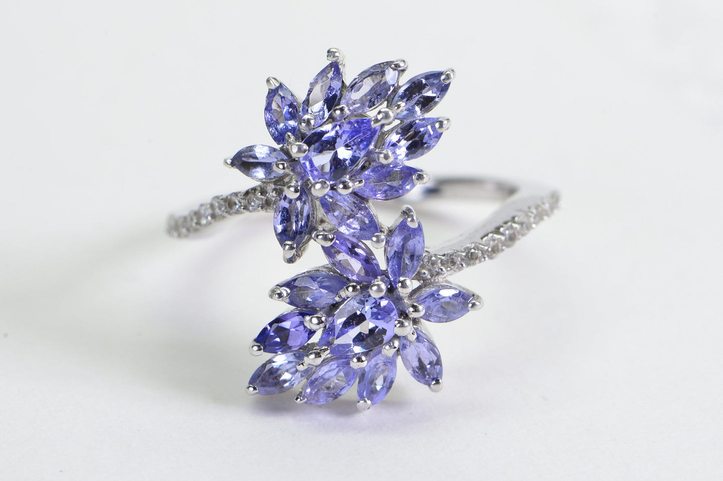 Natural Tanzanite Flower Ring: Marquise Diamond Sterling Silver Bypass Ring