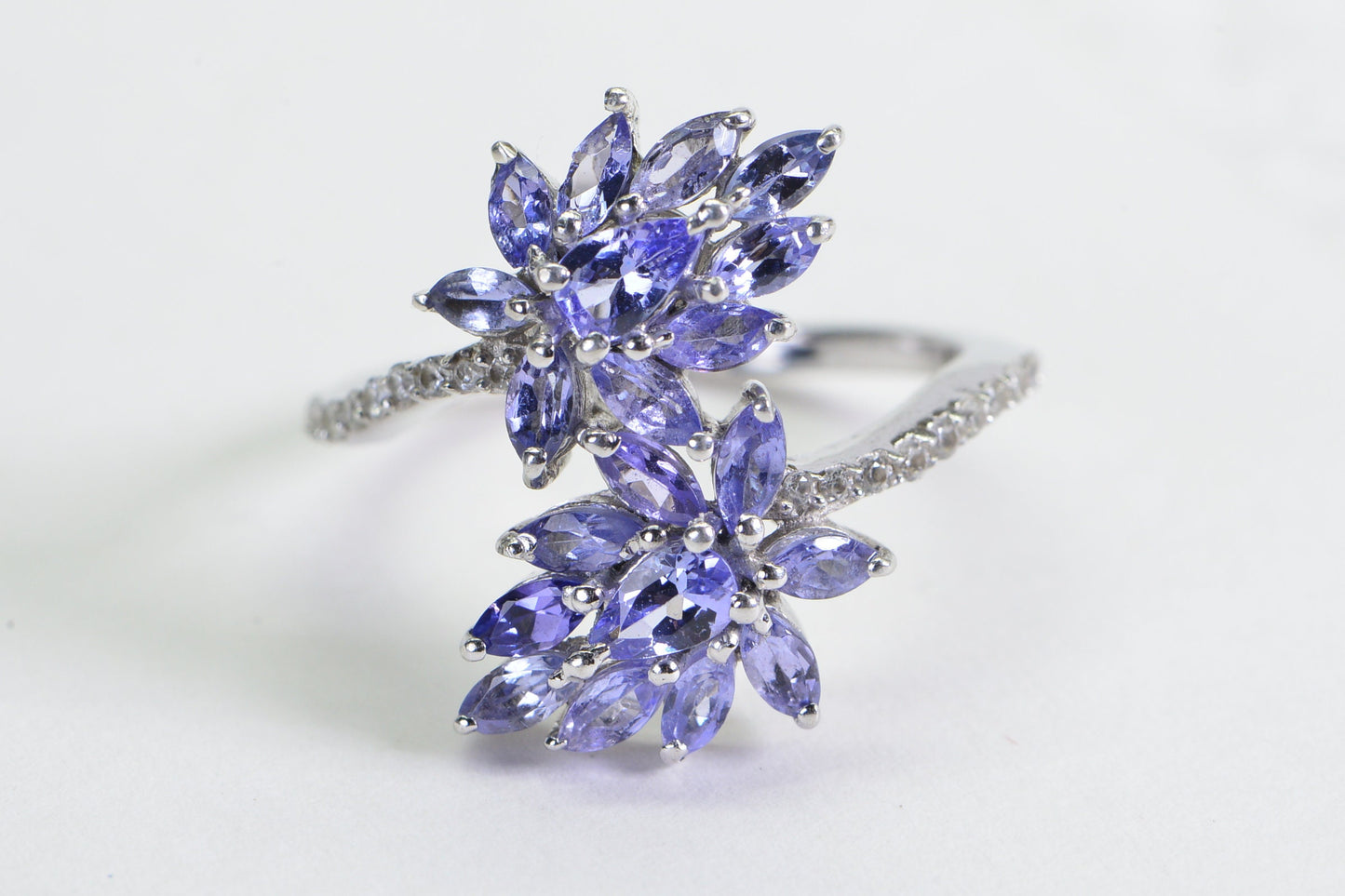 Natural Tanzanite Flower Ring: Marquise Diamond Sterling Silver Bypass Ring