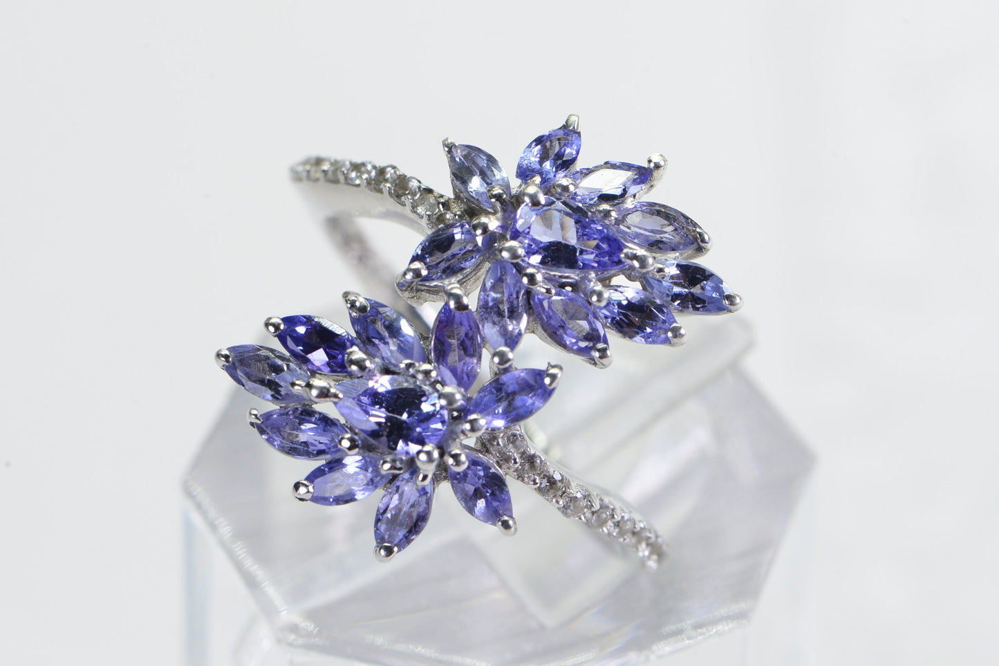Natural Tanzanite Flower Ring: Marquise Diamond Sterling Silver Bypass Ring