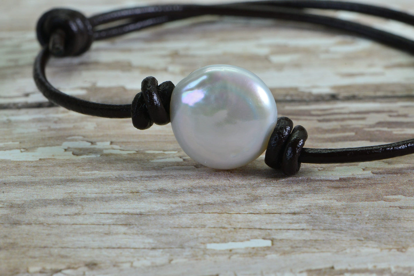 Freshwater Pearl Bracelet: Brown Leather Wrap, Adjustable Knots