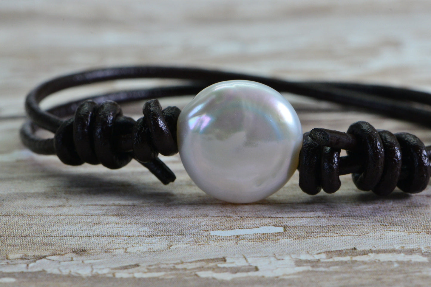 Freshwater Pearl Bracelet: Brown Leather Wrap, Adjustable Knots
