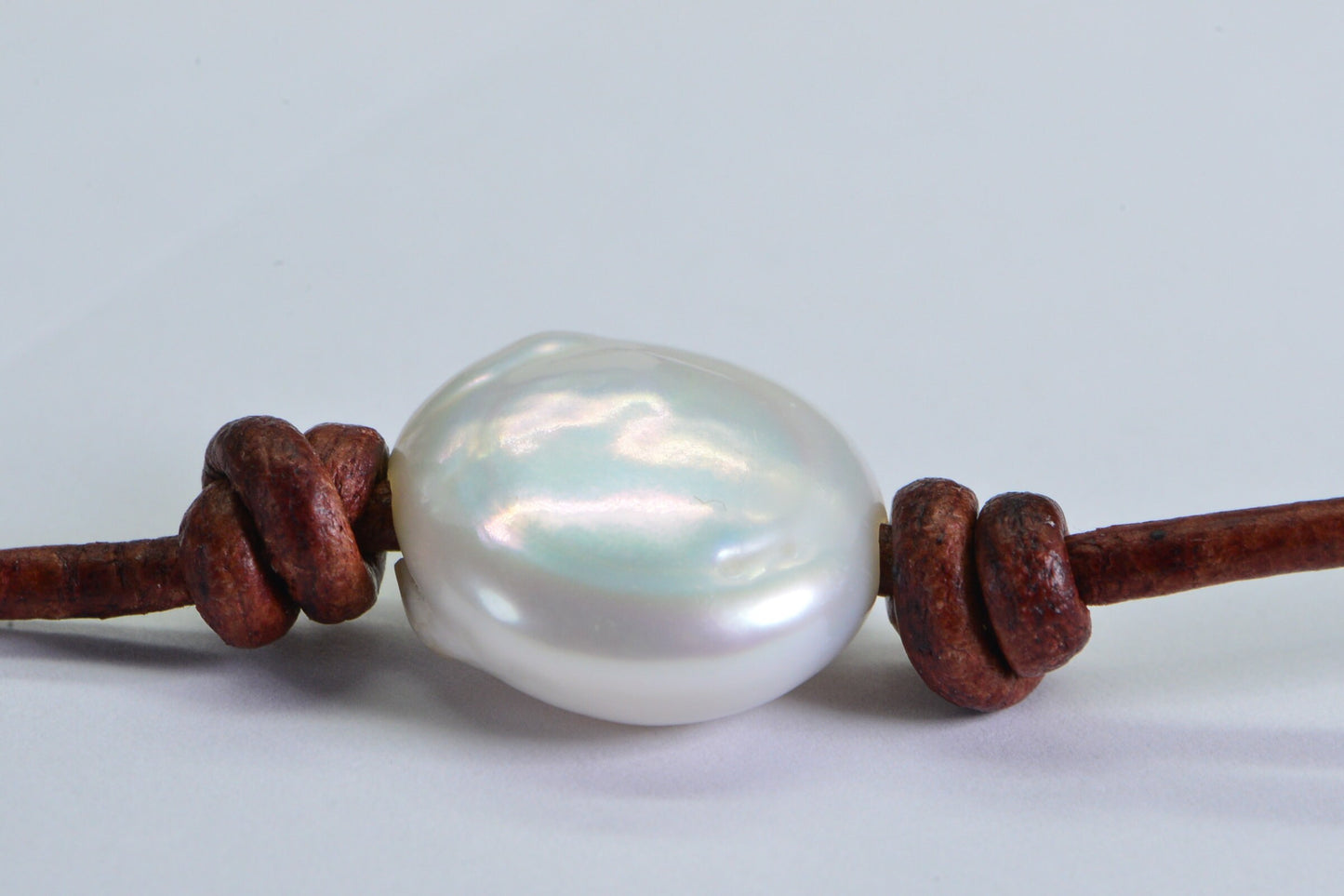 Brown Leather Choker: White Freshwater Pearl, Adjustable Necklace