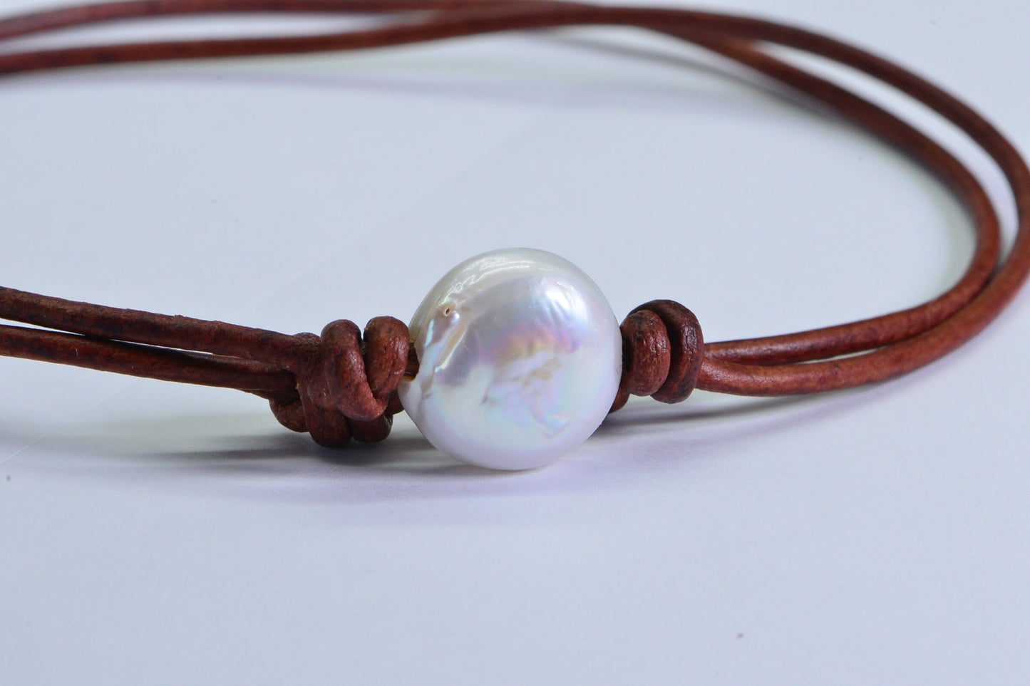 Brown Leather Choker: White Freshwater Pearl, Adjustable Necklace