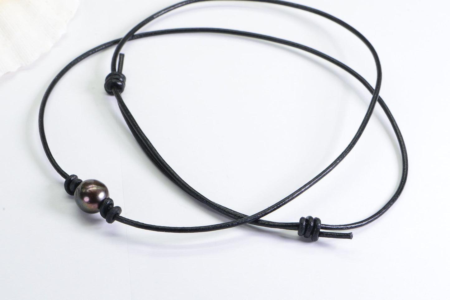 Black Leather Choker Necklace: Chocolate Pearl, Adjustable Knots