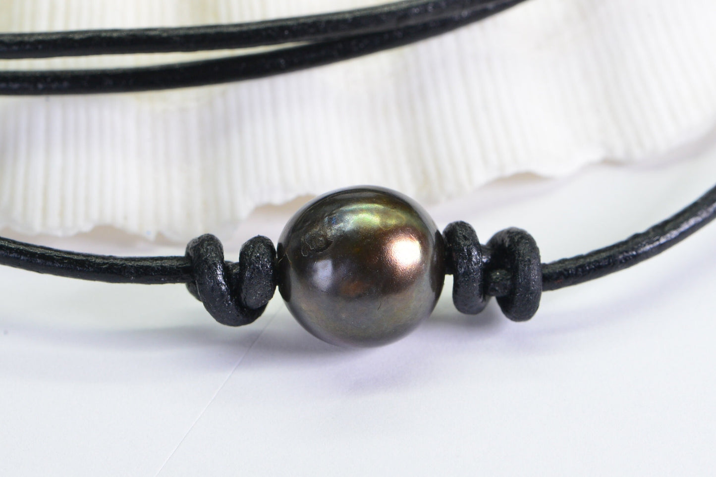 Black Leather Choker Necklace: Chocolate Pearl, Adjustable Knots
