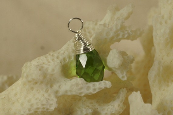 Green Crystal Briolette Wired Sterling Silver Wire Wrapped Briolette